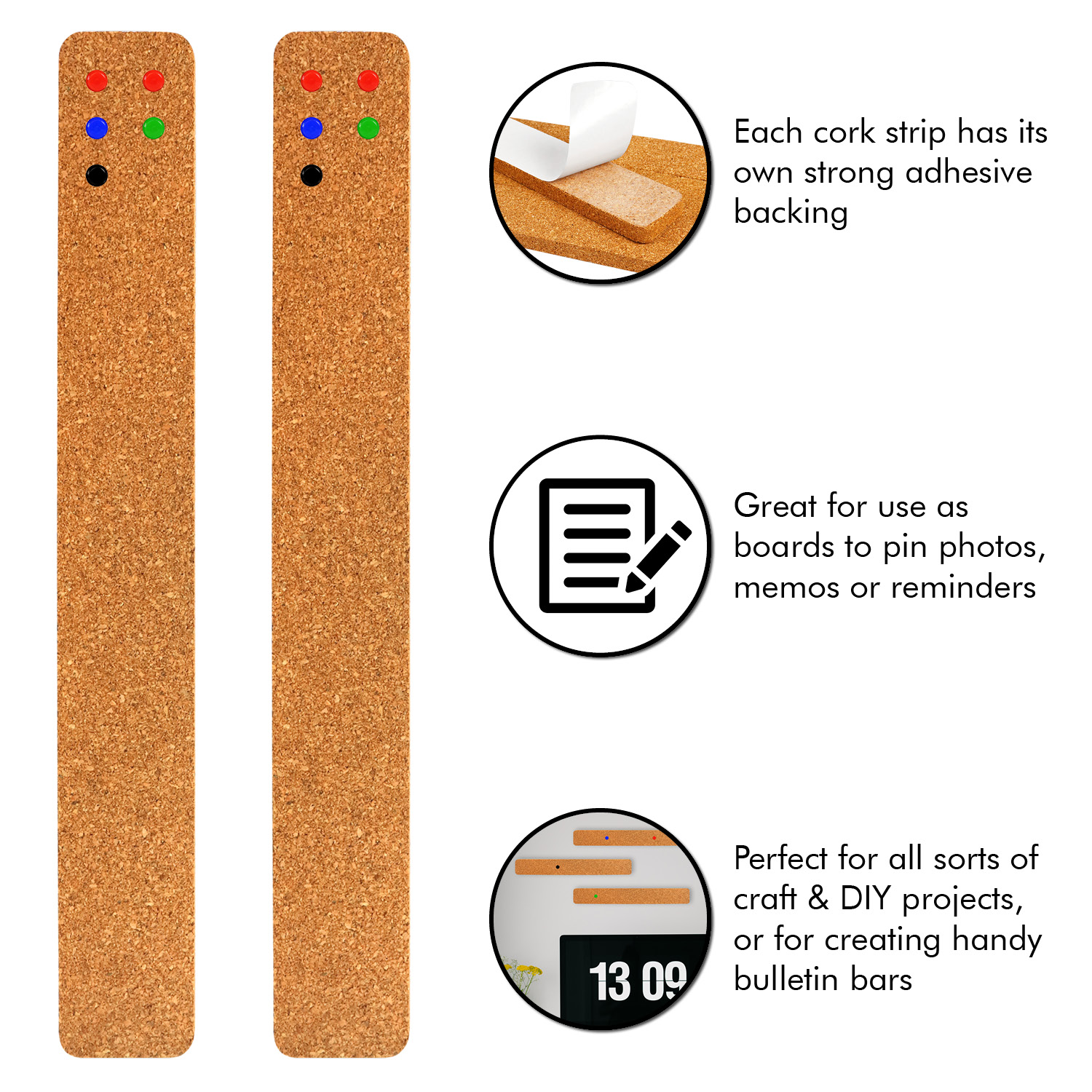 4 Pack Cork Strips Cork Board Bulletin Bar Strip 15” x 2” - 1/2” Thick,  Natural Cork Frameless with Strong Self-Adhesive Backing & 20 Push Pins 